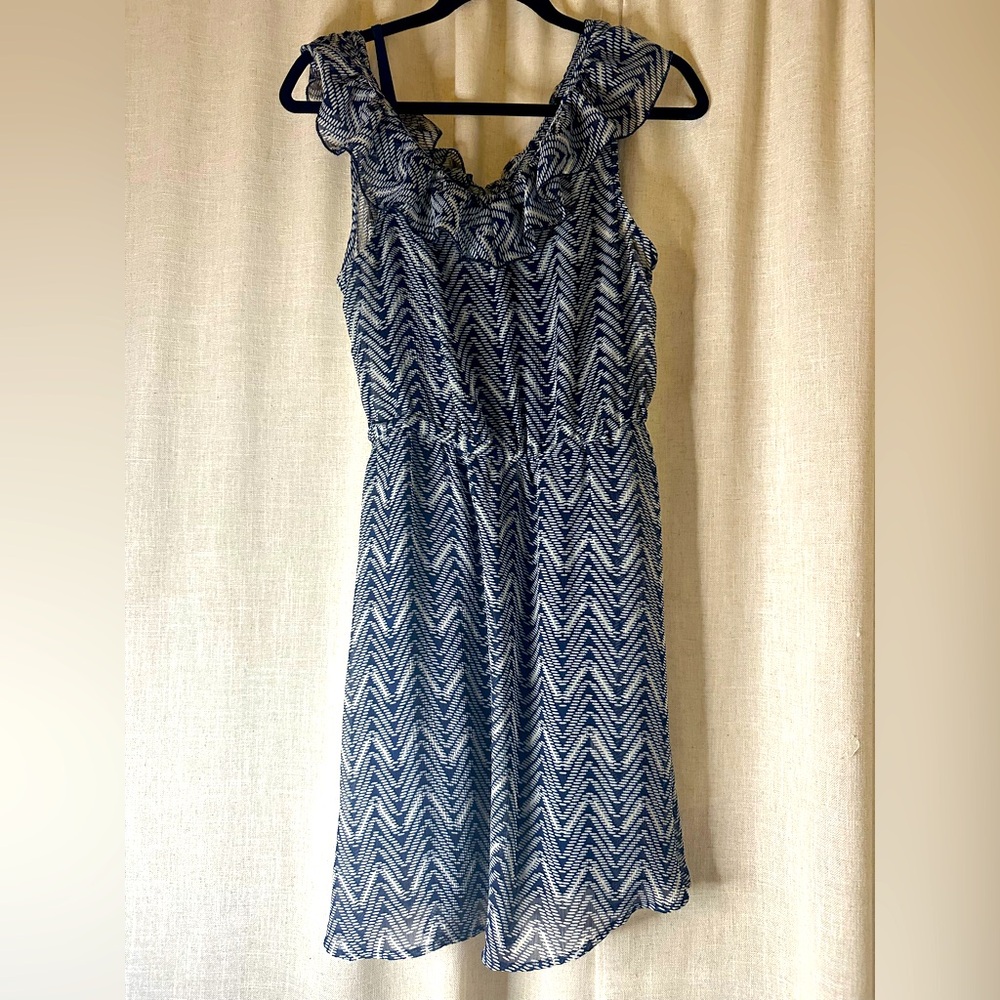 Navy Pattern - Gathered Waist - Slip Sundress with Sheer Overlay - Ruffled Front